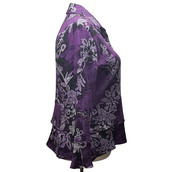 Habit Purple Floral Peplum Blouse M – BohoCore Romantic Ruffle Button Top - Picture 3 of 12